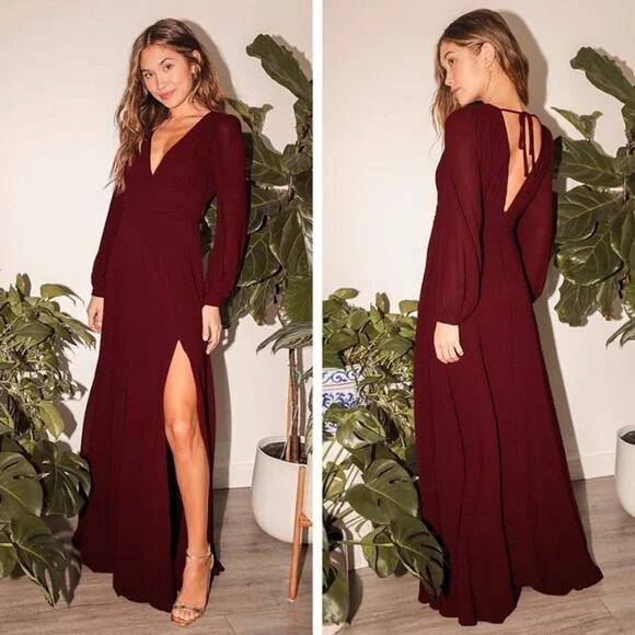 NWT Lulus Love You So Long Sleeve Openback Maxi Dress VNeck SideSlit S Burgundy - Picture 12 of 15